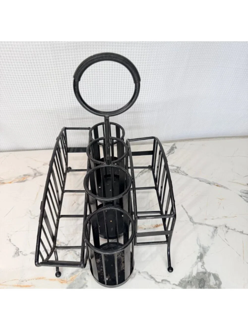 Buffet caddy holder , black rod iron, holds napkins, plates, utensils